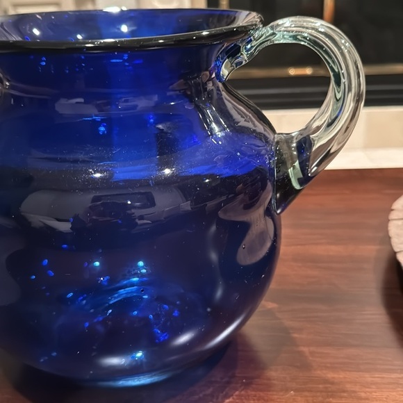 Large Hand Blown Round Cobalt Blue Glass Vase with Clear Handles Beautiful! - Picture 4 of 8